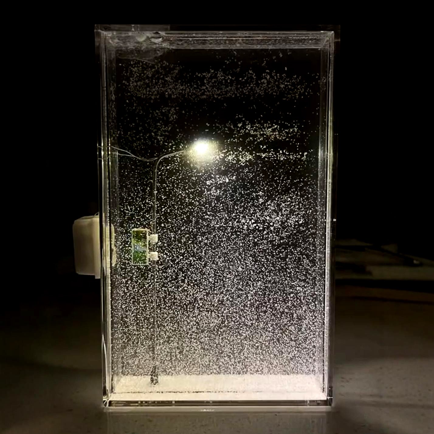 The snowy street-lamp light glowing on a dark desk